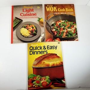 Lot of 3 Vtg 70s-80's Sunset Cookbooks Quick & Easy Dinners, Light Cuisine, Wok